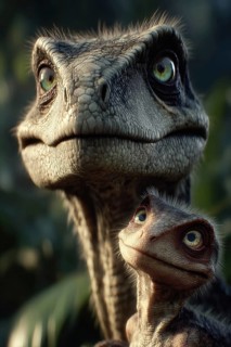 Romanticised depiction of a young dinosaur, baby dinosaur being lovingly cared for by its mother,