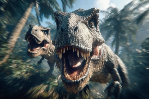 Two angry, dinosaurs, tyrannosaur with bared teeth running through a jungle, AI generated, AI