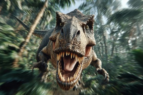 An angry, dinosaur, tyrannosaurus, tyrannosaurus with baring teeth runs through a jungle, AI