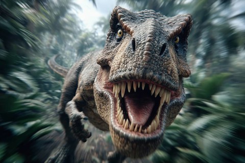 An angry, dinosaur, tyrannosaurus, tyrannosaurus with baring teeth runs through a jungle, AI