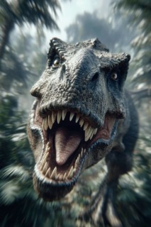 An angry, dinosaur, tyrannosaurus, tyrannosaurus with baring teeth runs through a jungle, AI