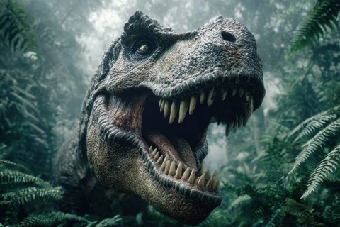 Portrait of an angry, battle-ready dinosaur, Tyrannosaurus, AI generated