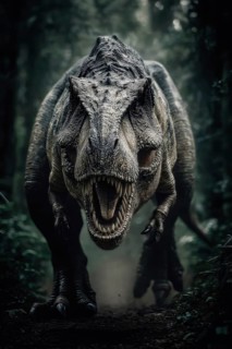 An angry, dinosaur, Tyrannosaurus with bared teeth runs through a jungle, AI generated, AI