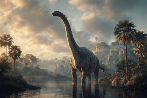 A dinosaur, brontosaurus, brontosaurus, in a primeval landscape, AI generated, AI generated