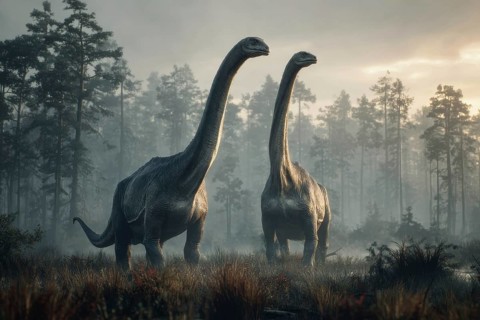 Two dinosaurs, Brontosaurus, Brontosaurus, in a primeval landscape, AI generated