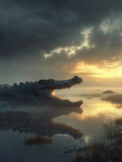 A crocodile rests in a swamp at sunset, AI generated, AI generated