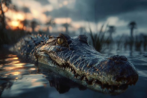 A crocodile rests in a swamp at sunset, AI generated, AI generated