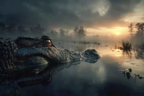 A crocodile rests in a swamp at sunset, AI generated, AI generated