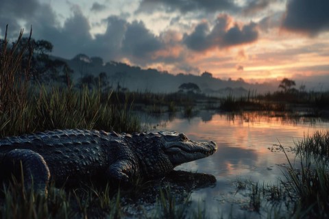 A crocodile rests in a swamp at sunset, AI generated, AI generated