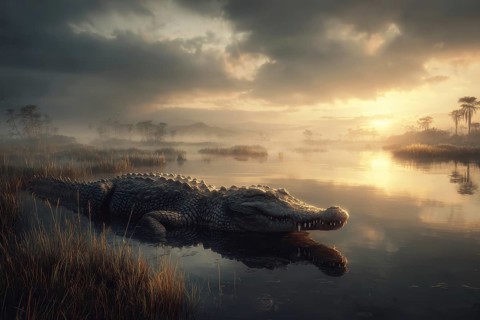 A crocodile rests in a swamp at sunset, AI generated, AI generated