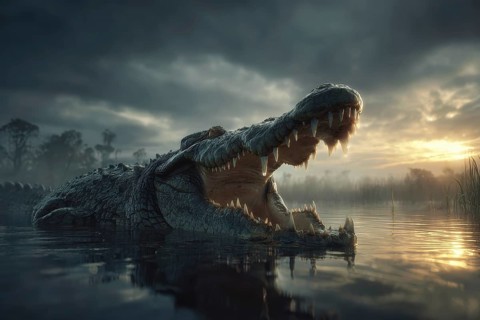 A crocodile rests in a swamp at sunset, AI generated, AI generated