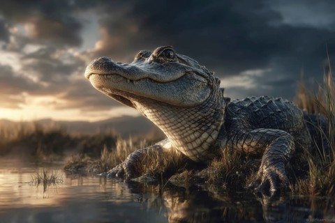 A crocodile rests in a swamp at sunset, AI generated, AI generated