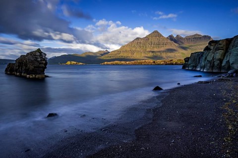 Sea, surf, beach, shore, cliff, mountains, clouds, morning light, long exposure, summer,