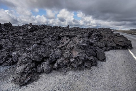 Lava, lava field, road, volcanic eruption, Sundhnúkur crater chain, Reykjanes, Iceland