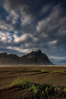 Mountains, mountain range, beach, sea, clouds, evening light, coast, summer, Vestrahorn, Stokksnes,