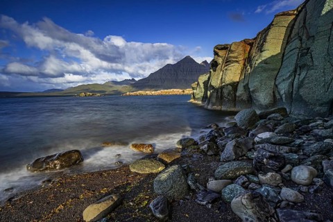 Sea, surf, beach, shore, cliff, mountains, clouds, morning light, long exposure, summer,