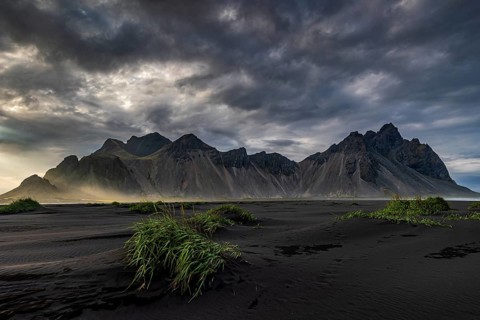 Mountains, mountain range, beach, sea, clouds, evening light, coast, summer, Vestrahorn, Stokksnes,