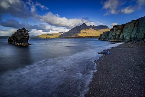 Sea, surf, beach, shore, cliff, mountains, clouds, morning light, long exposure, summer,