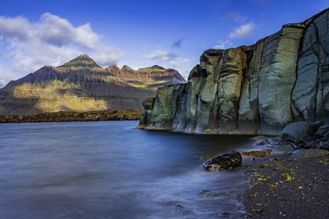 Sea, surf, beach, shore, cliff, mountains, clouds, morning light, long exposure, summer,
