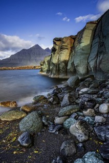 Sea, surf, beach, shore, cliff, mountains, clouds, morning light, long exposure, summer,