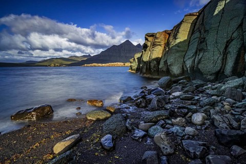 Sea, surf, beach, shore, cliff, mountains, clouds, morning light, long exposure, summer,