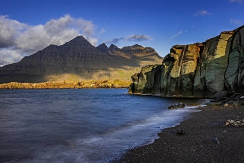 Sea, surf, beach, shore, cliff, mountains, clouds, morning light, long exposure, summer,