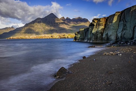 Sea, surf, beach, shore, cliff, mountains, clouds, morning light, long exposure, summer,