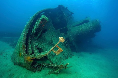 Wreck of 1972 sunken ship freighter decaying rusting shipwreck Elviscot lies on starboard side on