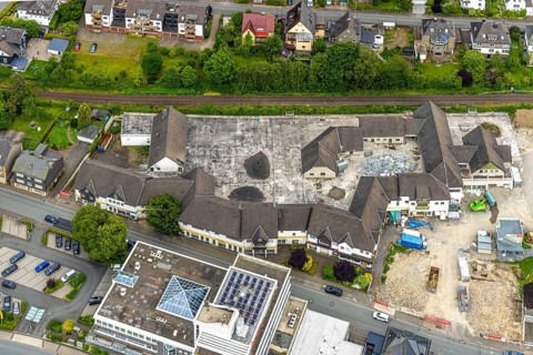 Aerial view, demolition of the former Eins-A complex on Schulstrasse, Bad Berleburg, Wittgensteiner