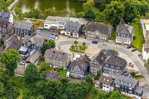 Aerial view, Goetheplatz in the town centre with monument Wilhelm I, historic houses, restaurants