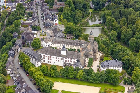 Aerial view, Berleburg Castle, residence castle of the Sayn-Wittgenstein family, Bad Berleburg,