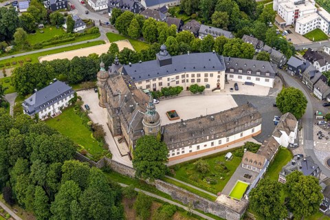 Aerial view, Schloss Berleburg, residence palace of the Sayn-Wittgenstein family, orangery and