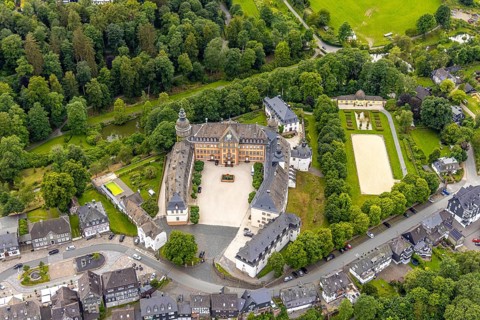 Aerial view, Schloss Berleburg, residence of the Sayn-Wittgenstein family, orangery and cross