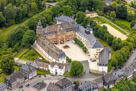 Aerial view, Schloss Berleburg, residence of the Sayn-Wittgenstein family, orangery and cross