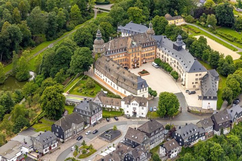 Aerial view, Berleburg Castle, residence castle of the Sayn-Wittgenstein family, Bad Berleburg,