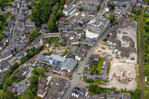 Aerial view, community centre with market square and shops on Poststrasse, savings bank building,