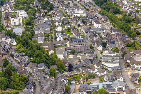 Aerial view, Johannes-Althusius-Gymnasium, district court and police station, St. Marien Church,
