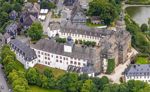 Aerial view, Berleburg Castle, residential castle of the Sayn-Wittgenstein family, Bad Berleburg,