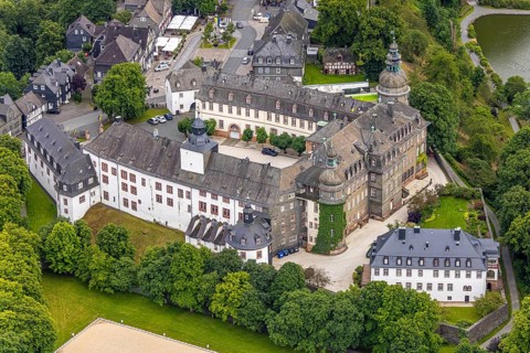 Aerial view, Berleburg Castle, residence castle of the Sayn-Wittgenstein family, Bad Berleburg,