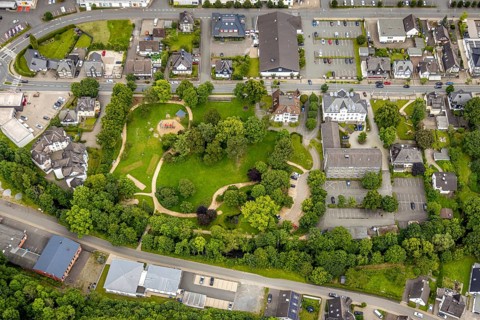 Aerial view, town park, town hall park and town hall town Bad Berleburg, Aldi supermarket