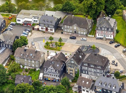 Aerial view, Goetheplatz in the town centre with Wilhelm I monument, historic houses, restaurants
