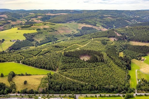 Aerial view, forest area wind fallow with forest damage, hilly landscape with distant view, Bad
