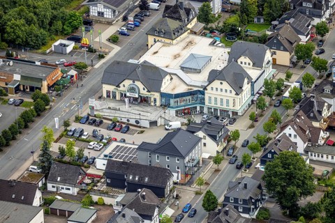 Aerial view, Modehaus Krug on Bahnhofstrasse, shopping centre in Bad Berleburg, Wittgensteiner