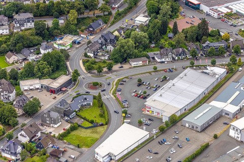 Aerial view, roundabout Poststrasse and Astenberger Strasse, Rewe supermarket, Bad Berleburg,