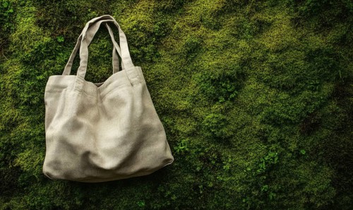 A white bag is sitting on a green mossy surface. The bag is open and the handle is visible. The