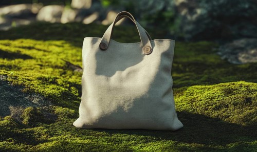 A tan purse is sitting on a mossy field. The purse is made of a soft material and has a brown