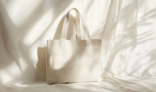 A canvas bag in soft sunlight with shadows, highlighting its creamy fabric and texture. AI