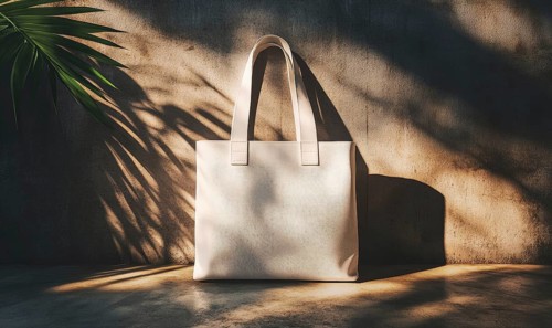 A canvas bag positioned against a concrete wall, illuminated by strong shadows and light. AI