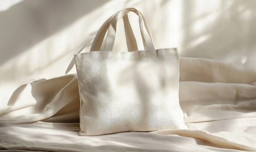 A white bag with a pattern on it is laying on a bed. The bag is empty and the bed is covered in a
