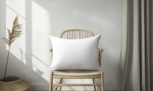 A white pillow sits on a chair in a room with a white wall. The chair is in front of a window, and
